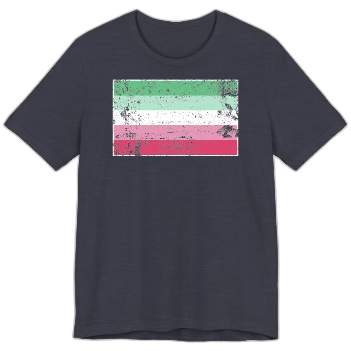 Distressed transgender pride flag with five horizontal stripes in green, mint, white, pink, and red featuring heavy grunge texture overlay in Heather Midnight Navy