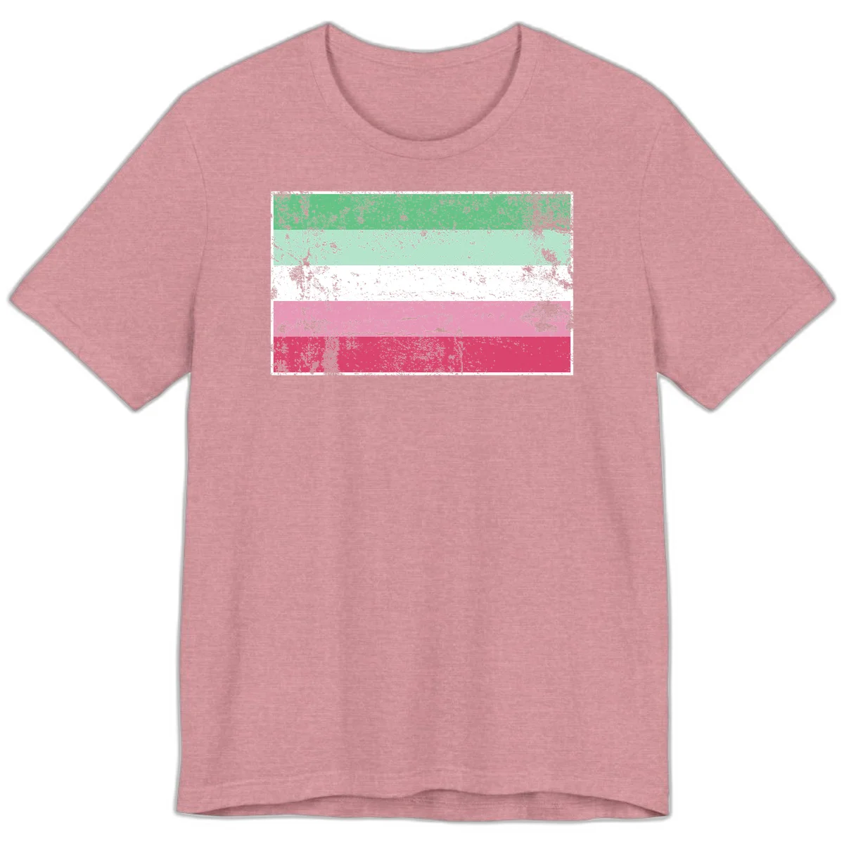 Distressed transgender pride flag with five horizontal stripes in green, mint, white, pink, and red featuring heavy grunge texture overlay in Heather Orchid
