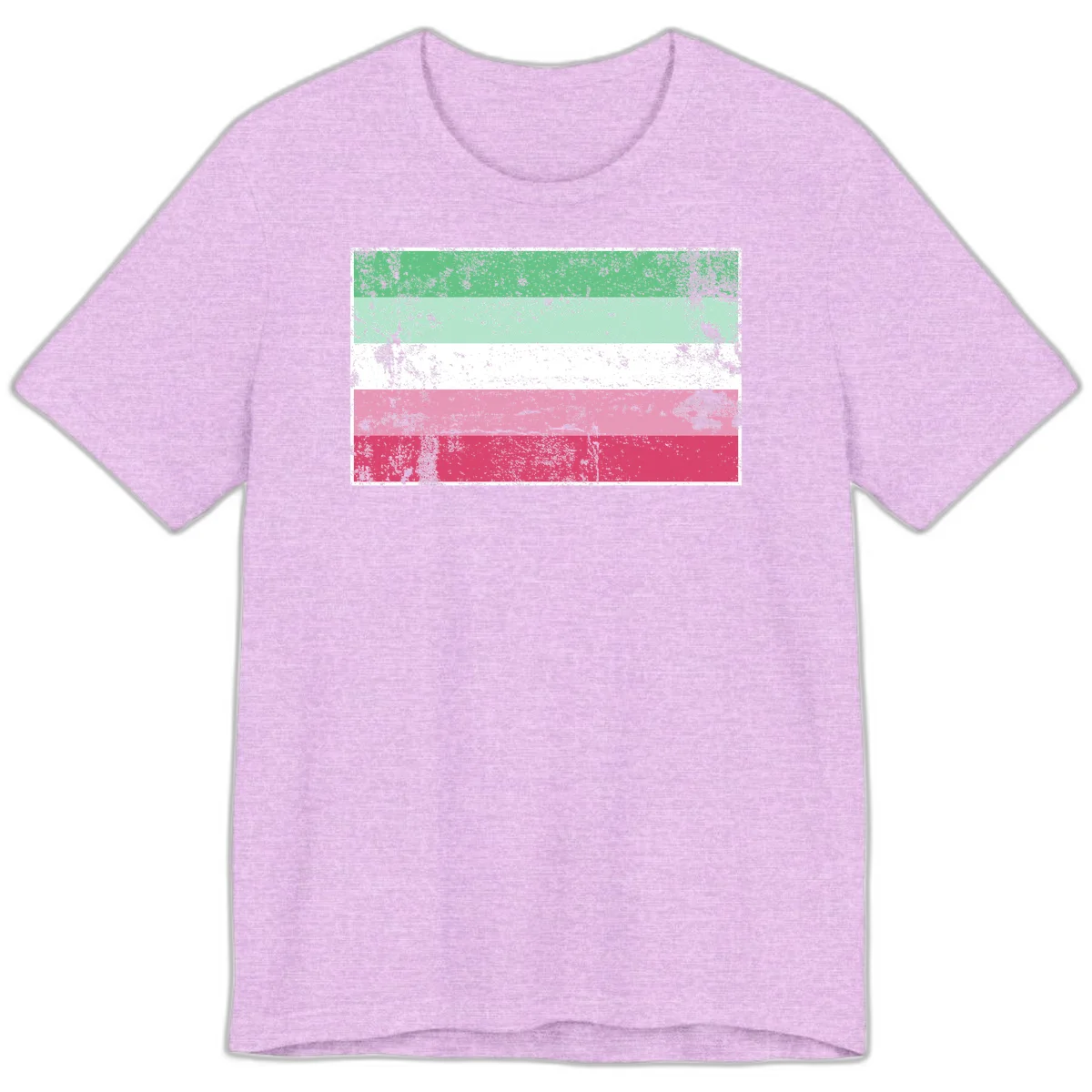 Distressed transgender pride flag with five horizontal stripes in green, mint, white, pink, and red featuring heavy grunge texture overlay in Heather Prism Lilac