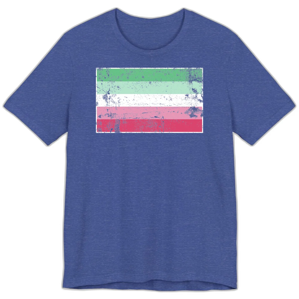 Distressed transgender pride flag with five horizontal stripes in green, mint, white, pink, and red featuring heavy grunge texture overlay in Heather True Royal