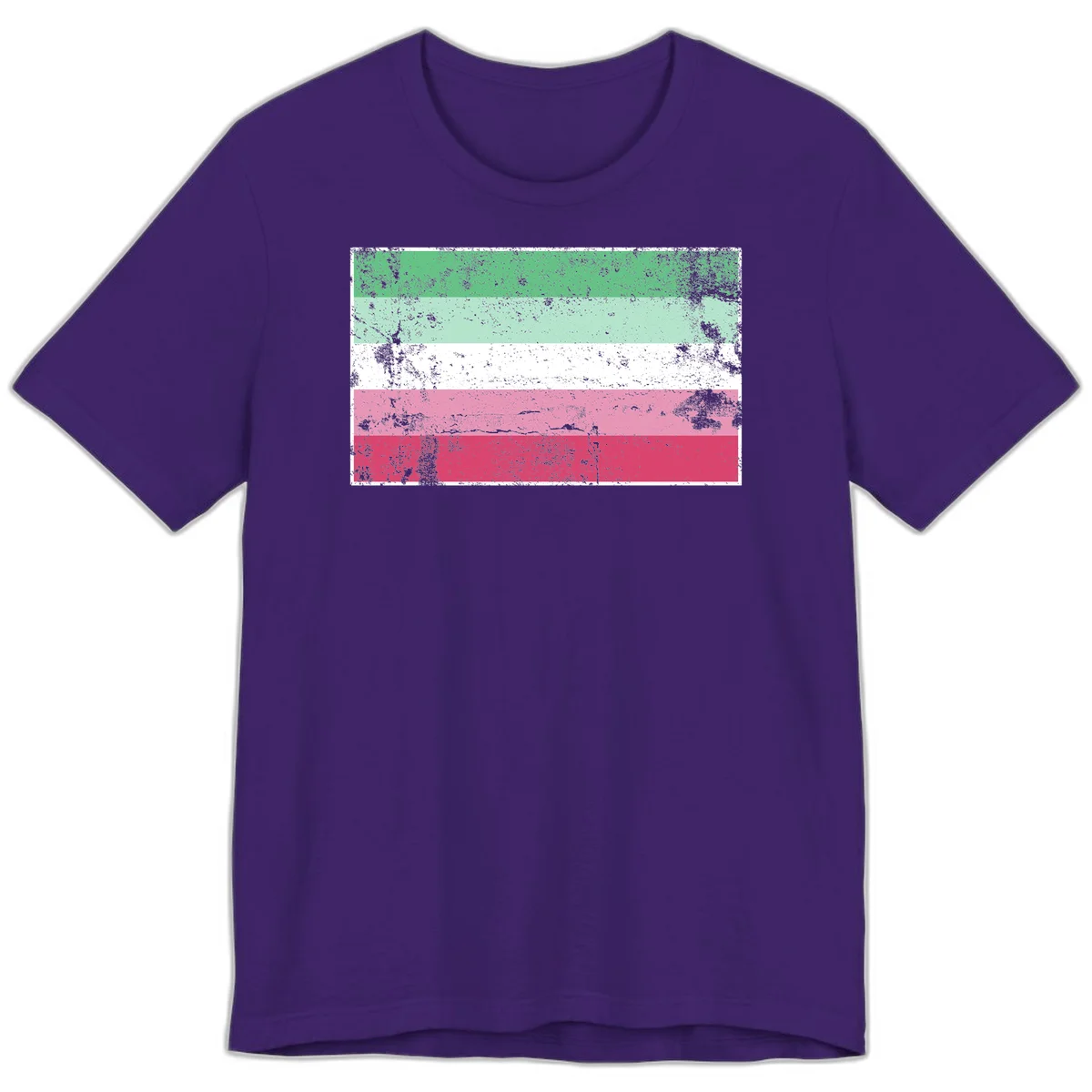 Distressed transgender pride flag with five horizontal stripes in green, mint, white, pink, and red featuring heavy grunge texture overlay in Team Purple