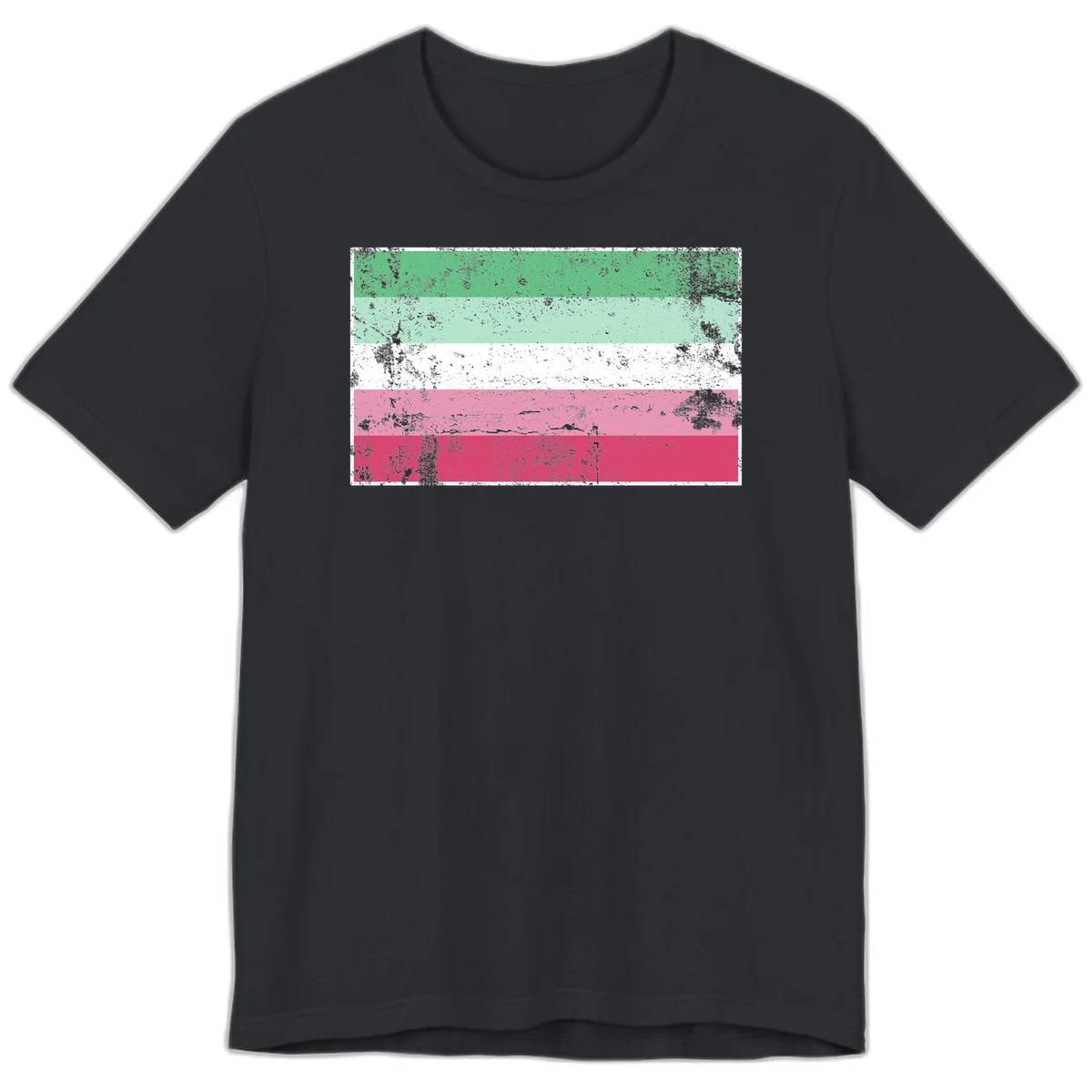 Distressed transgender pride flag with five horizontal stripes in green, mint, white, pink, and red featuring heavy grunge texture overlay in Vintage Black