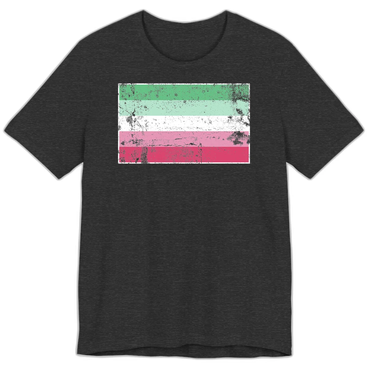 Distressed transgender pride flag with five horizontal stripes in green, mint, white, pink, and red featuring heavy grunge texture overlay in Dark Grey Heather