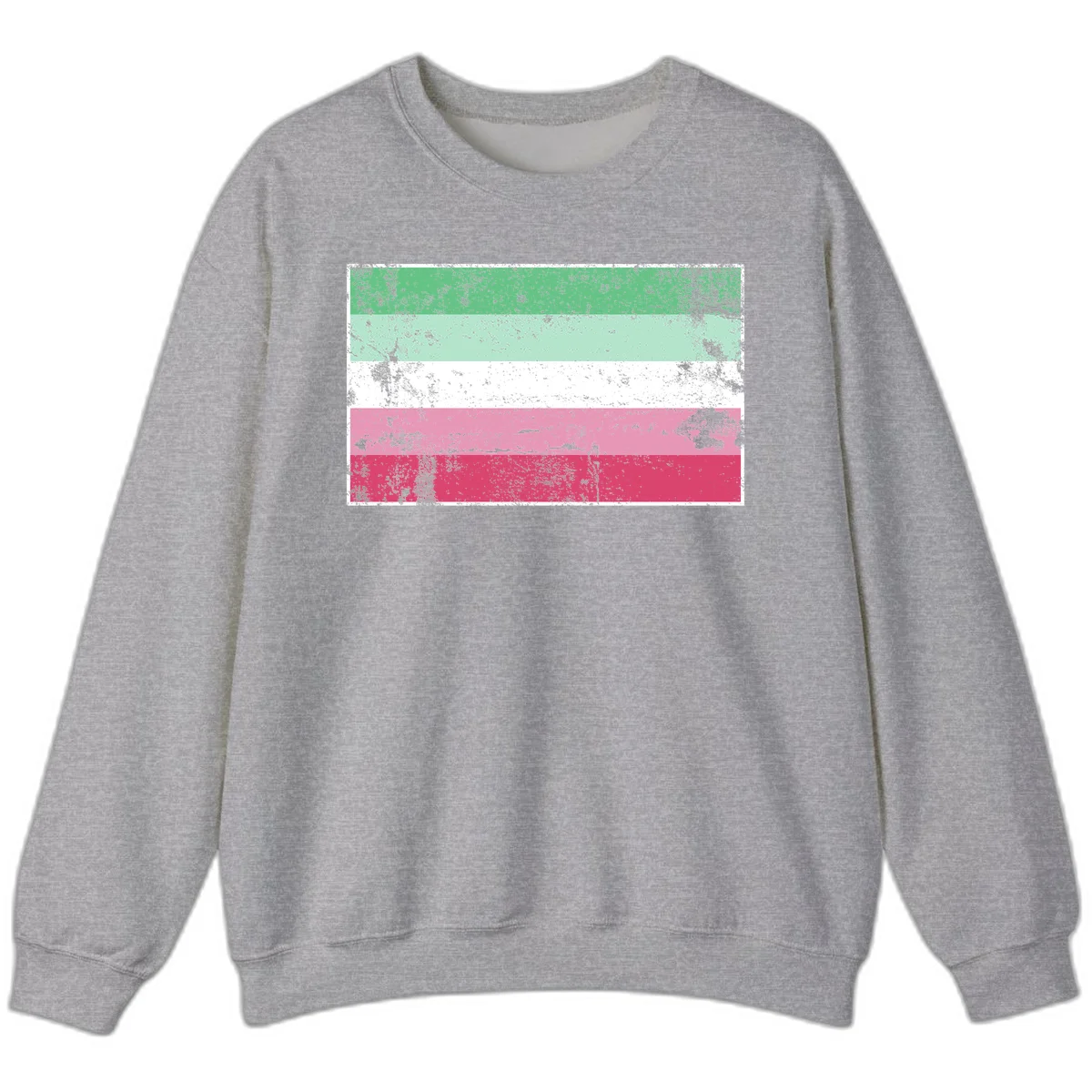 Distressed transgender pride flag with five horizontal stripes in green, mint, white, pink, and red featuring heavy grunge texture overlay in Sport Grey