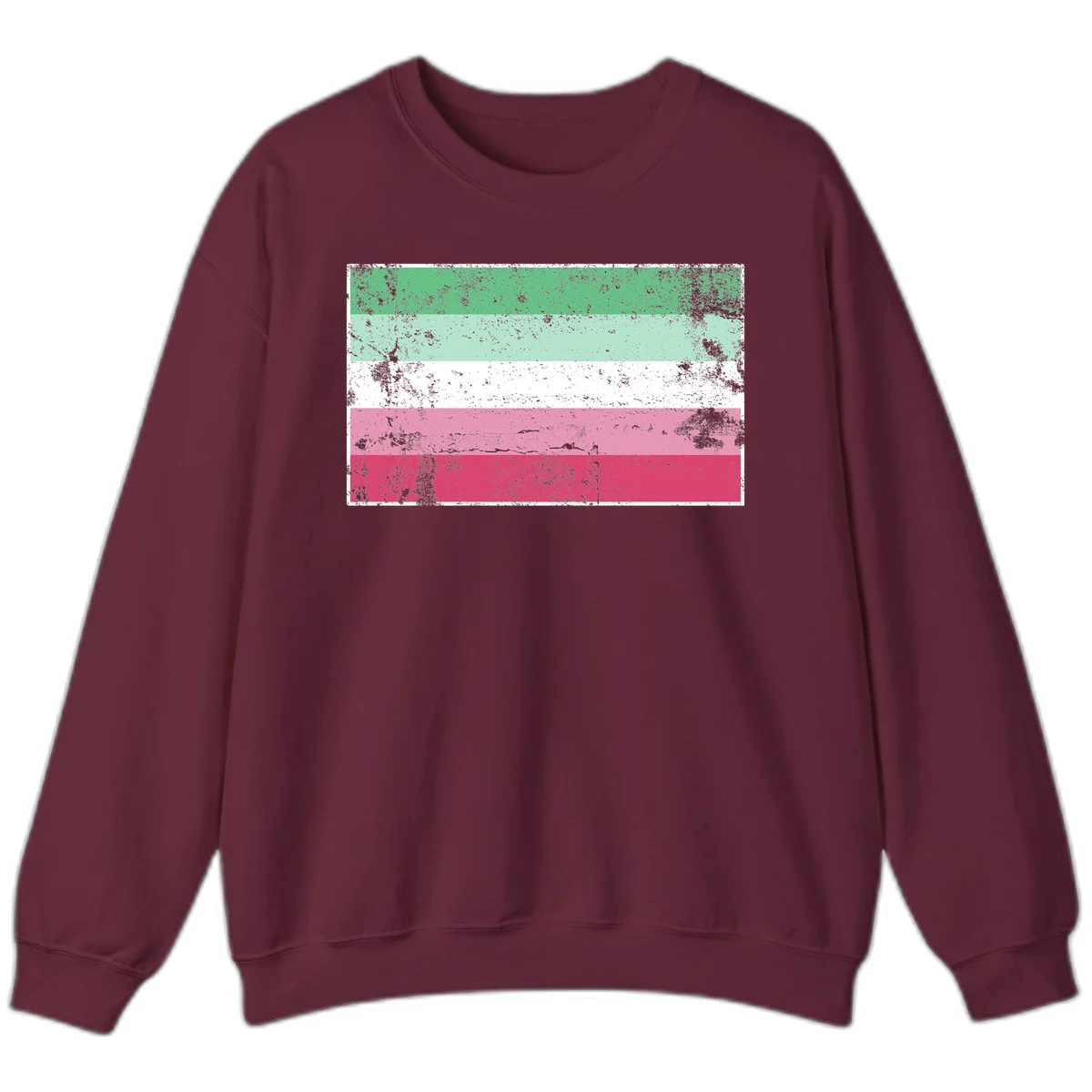 Distressed transgender pride flag with five horizontal stripes in green, mint, white, pink, and red featuring heavy grunge texture overlay in Maroon