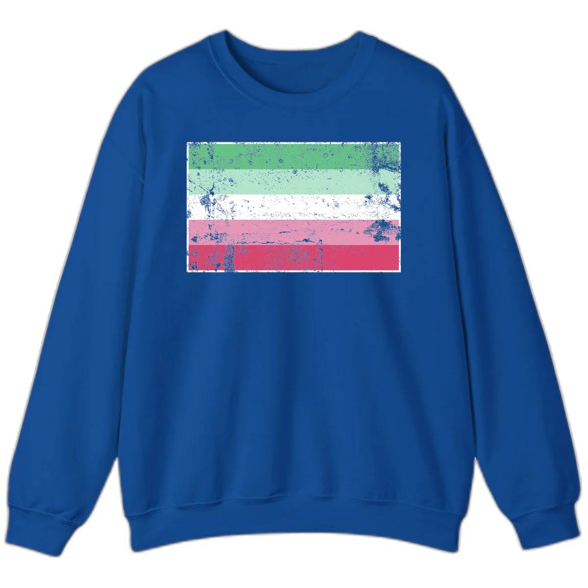 Distressed transgender pride flag with five horizontal stripes in green, mint, white, pink, and red featuring heavy grunge texture overlay in Royal