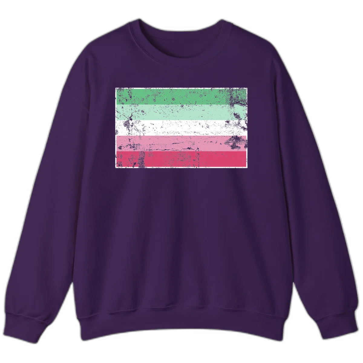 Distressed transgender pride flag with five horizontal stripes in green, mint, white, pink, and red featuring heavy grunge texture overlay in Purple