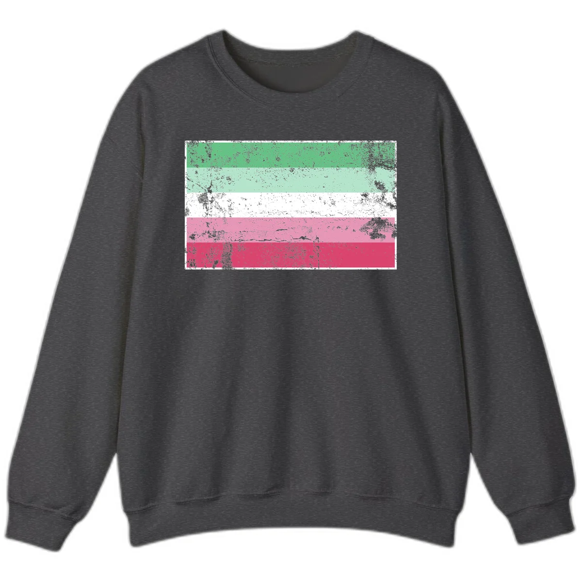 Distressed transgender pride flag with five horizontal stripes in green, mint, white, pink, and red featuring heavy grunge texture overlay in Dark Heather