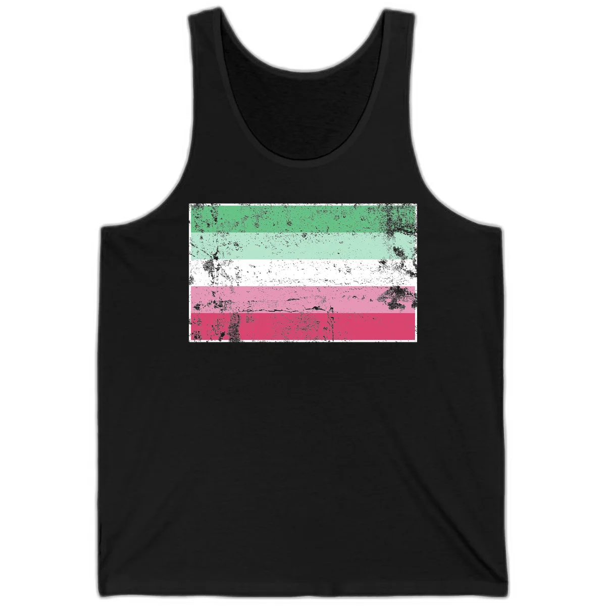 Distressed transgender pride flag with five horizontal stripes in green, mint, white, pink, and red featuring heavy grunge texture overlay in Black