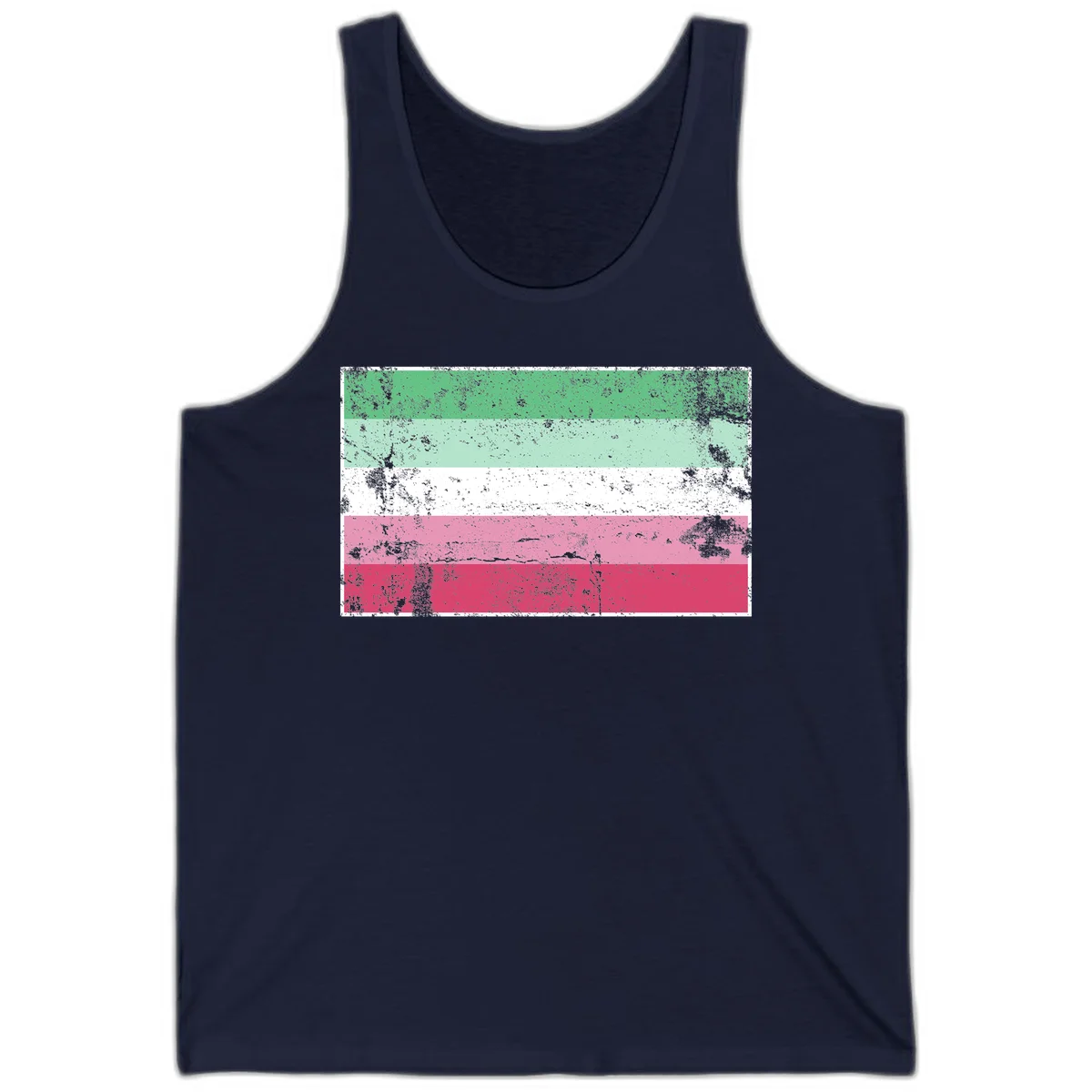 Distressed transgender pride flag with five horizontal stripes in green, mint, white, pink, and red featuring heavy grunge texture overlay in Navy