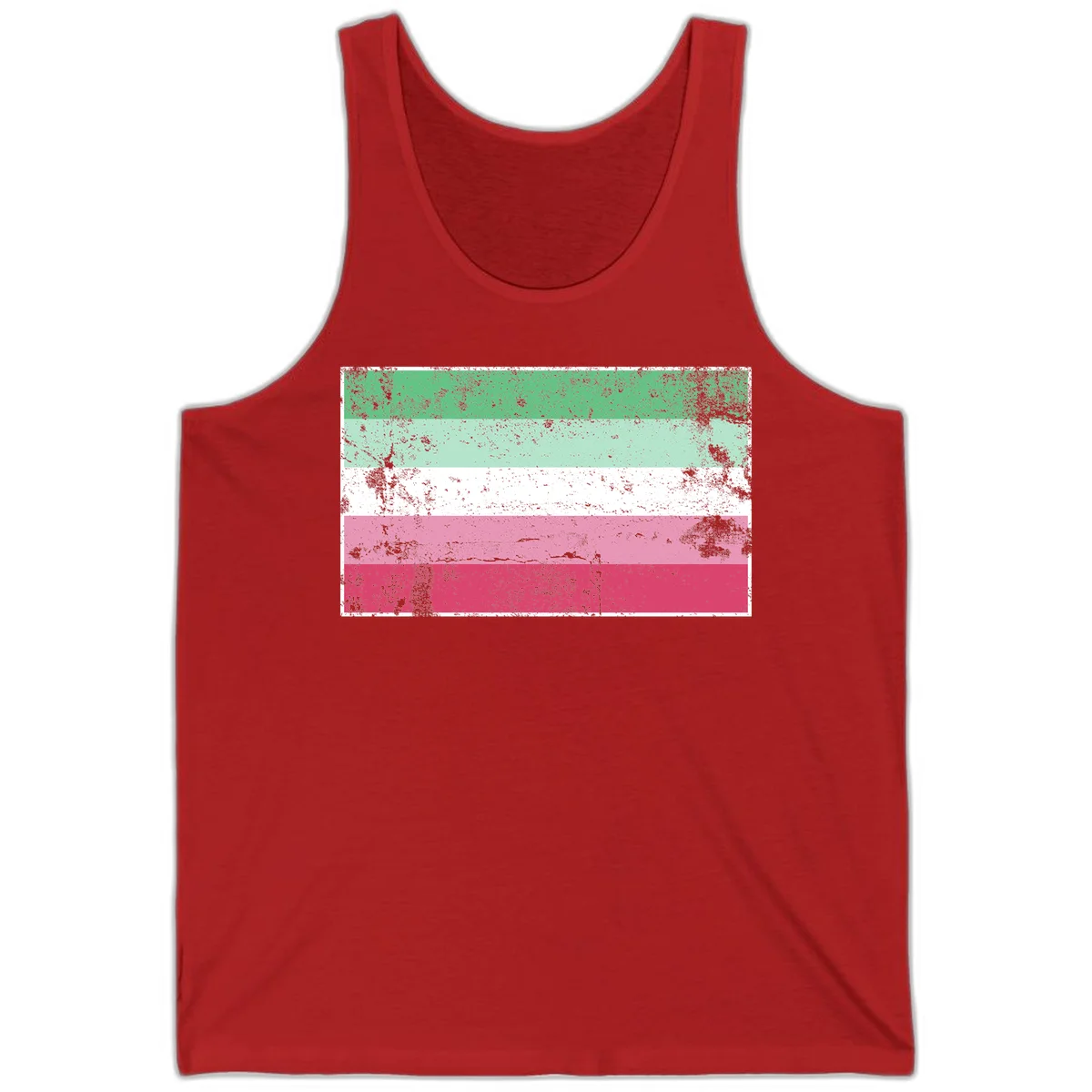 Distressed transgender pride flag with five horizontal stripes in green, mint, white, pink, and red featuring heavy grunge texture overlay in Red