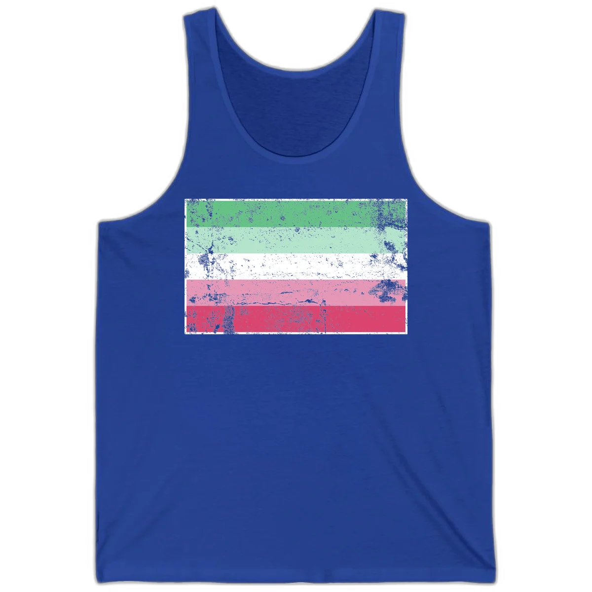 Distressed transgender pride flag with five horizontal stripes in green, mint, white, pink, and red featuring heavy grunge texture overlay in True Royal