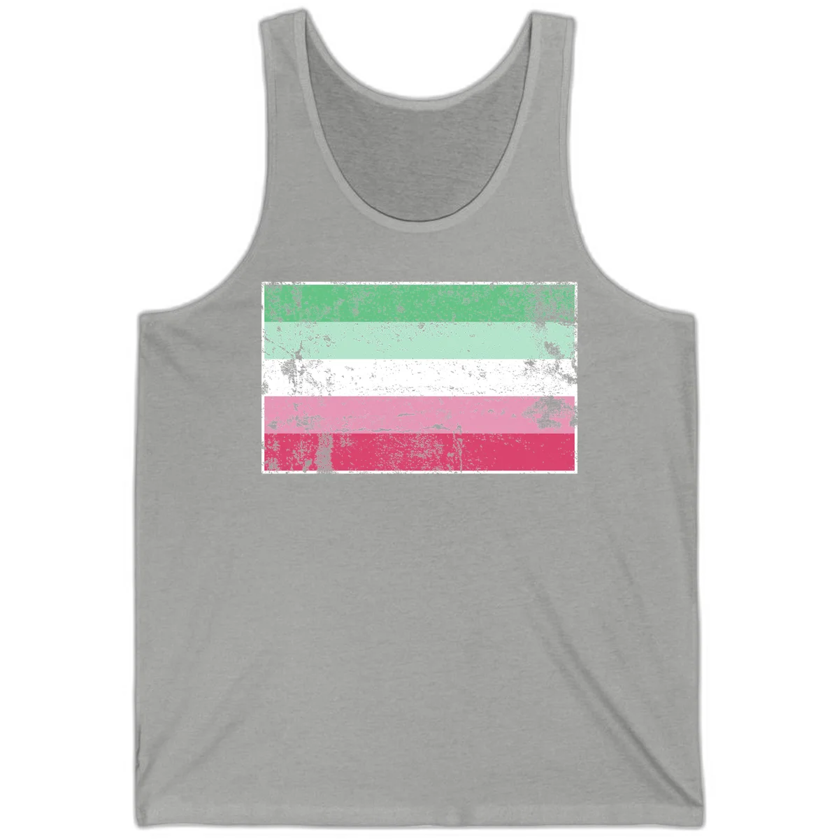Distressed transgender pride flag with five horizontal stripes in green, mint, white, pink, and red featuring heavy grunge texture overlay in Athletic Heather