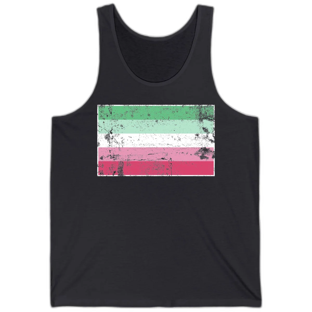 Distressed transgender pride flag with five horizontal stripes in green, mint, white, pink, and red featuring heavy grunge texture overlay in Dark Grey