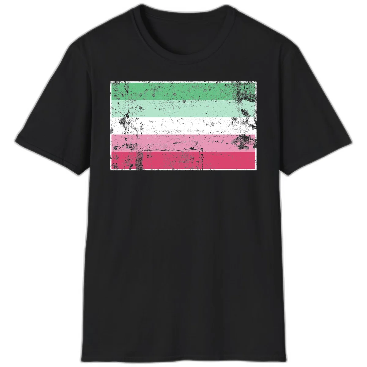 Distressed transgender pride flag with five horizontal stripes in green, mint, white, pink, and red featuring heavy grunge texture overlay in Black