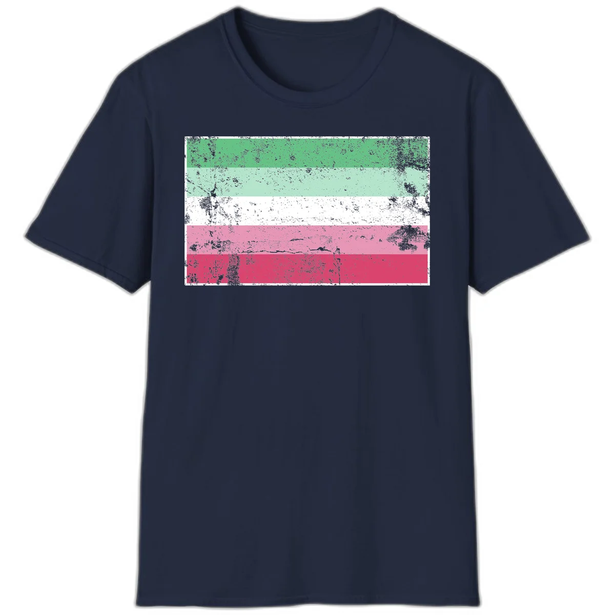 Distressed transgender pride flag with five horizontal stripes in green, mint, white, pink, and red featuring heavy grunge texture overlay in Navy