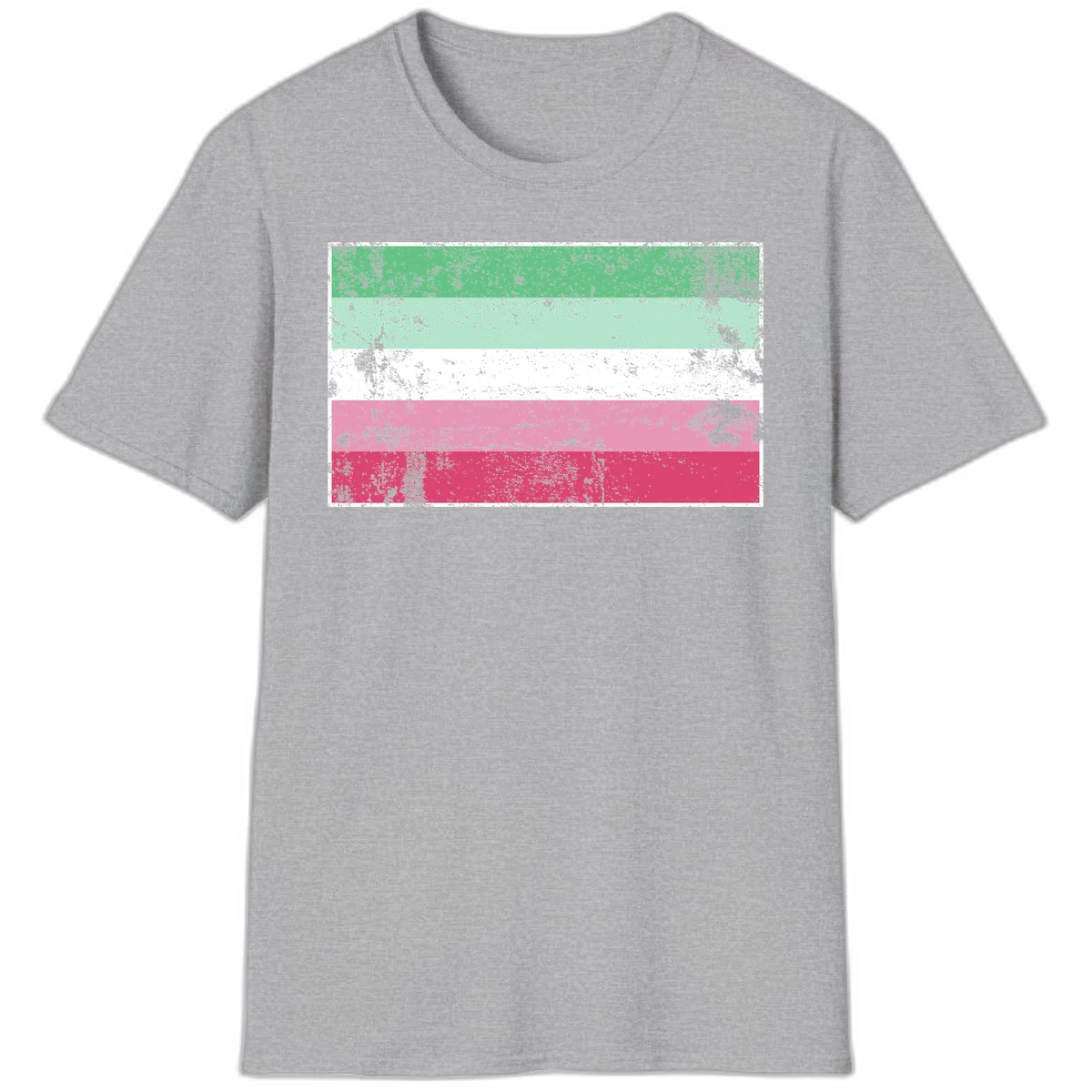 Distressed transgender pride flag with five horizontal stripes in green, mint, white, pink, and red featuring heavy grunge texture overlay in Sport Grey