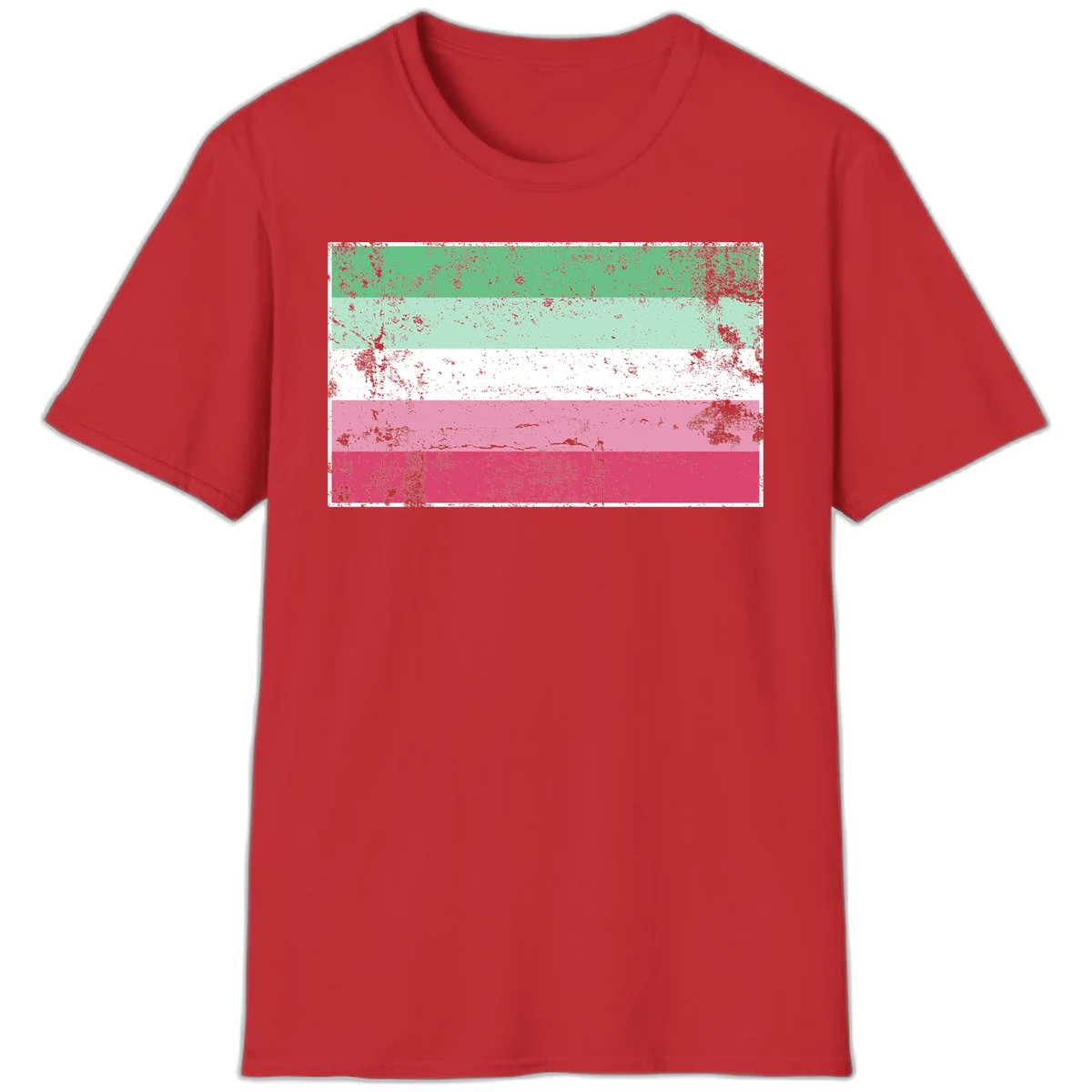Distressed transgender pride flag with five horizontal stripes in green, mint, white, pink, and red featuring heavy grunge texture overlay in Red