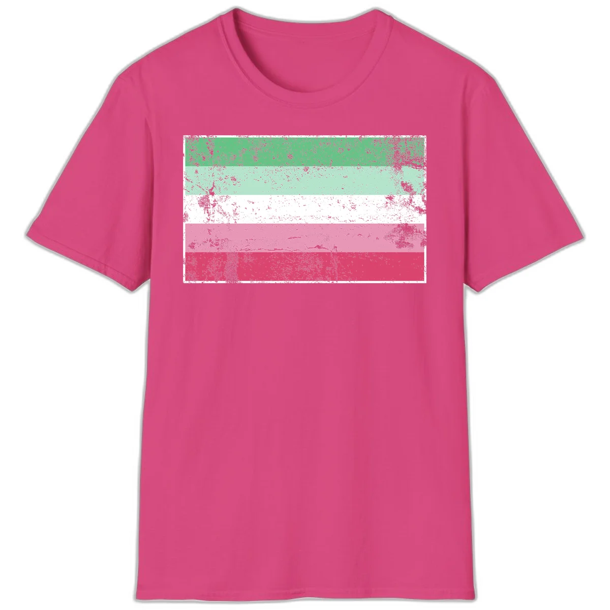Distressed transgender pride flag with five horizontal stripes in green, mint, white, pink, and red featuring heavy grunge texture overlay in Heliconia