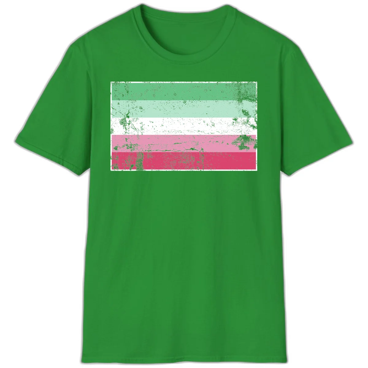 Distressed transgender pride flag with five horizontal stripes in green, mint, white, pink, and red featuring heavy grunge texture overlay in Irish Green