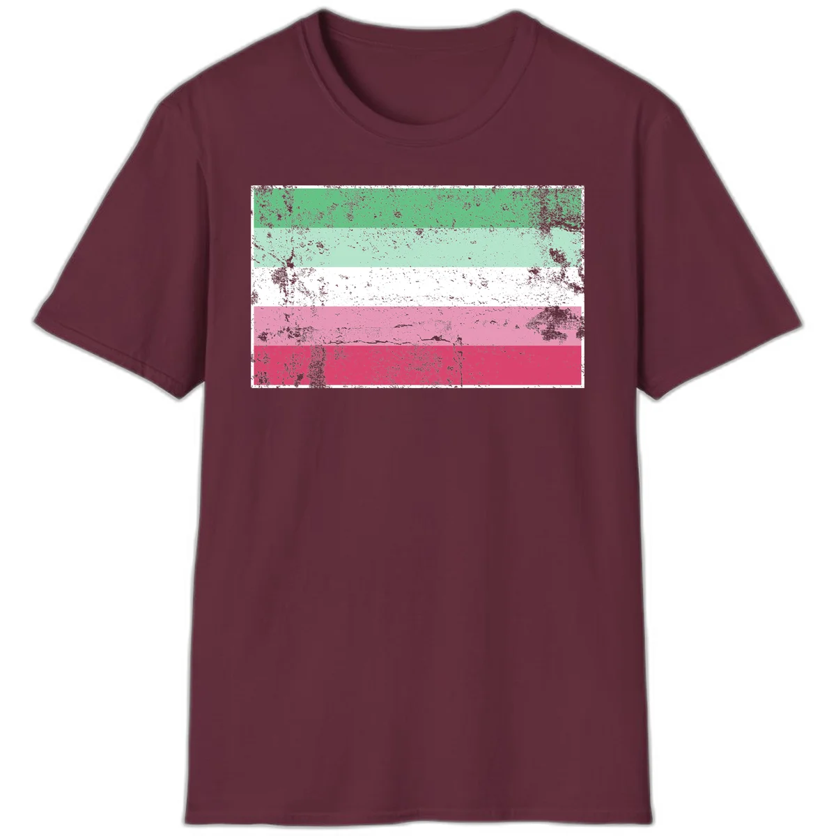 Distressed transgender pride flag with five horizontal stripes in green, mint, white, pink, and red featuring heavy grunge texture overlay in Maroon