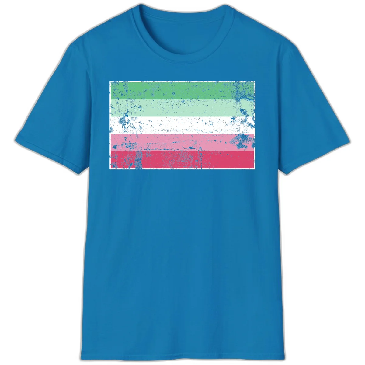 Distressed transgender pride flag with five horizontal stripes in green, mint, white, pink, and red featuring heavy grunge texture overlay in Sapphire