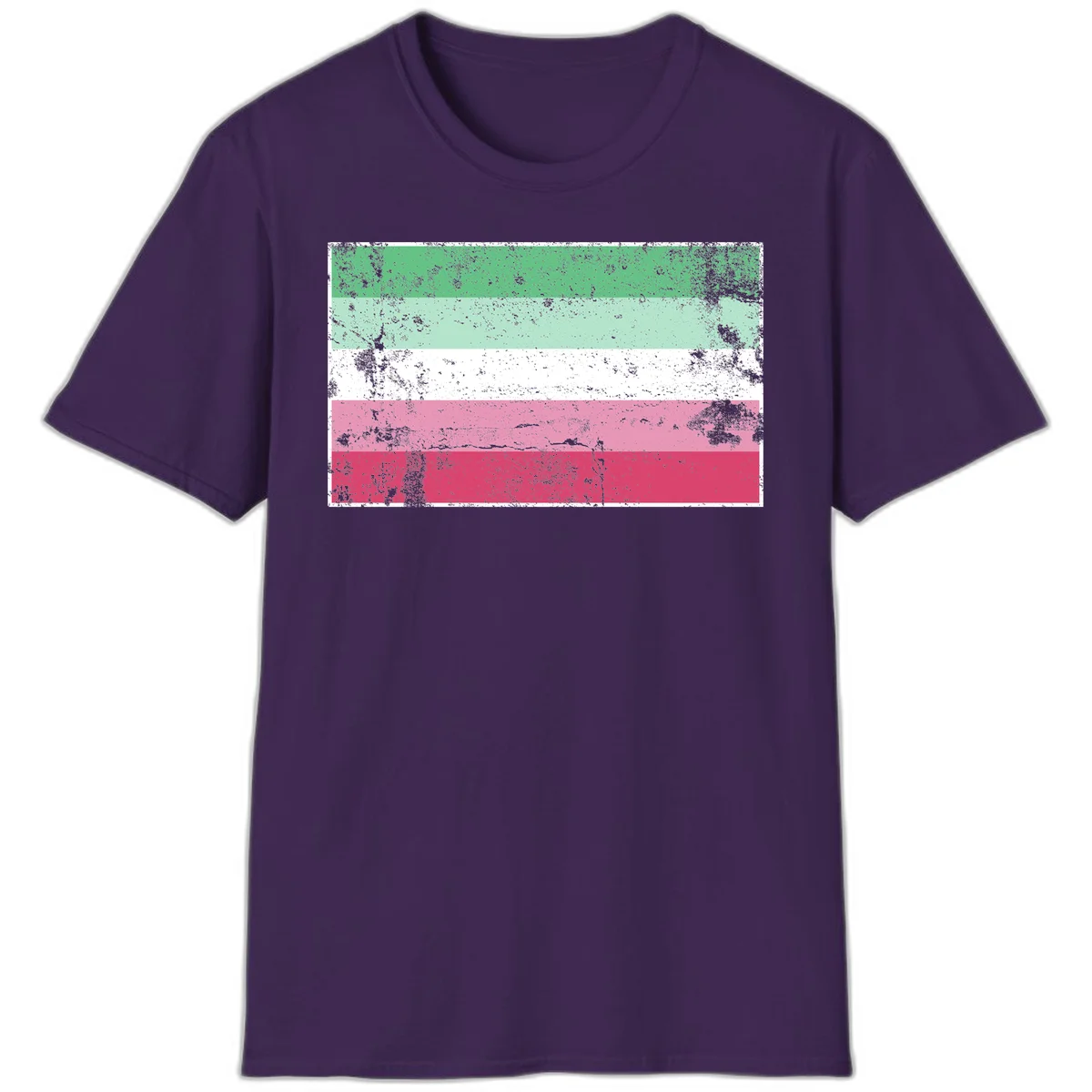 Distressed transgender pride flag with five horizontal stripes in green, mint, white, pink, and red featuring heavy grunge texture overlay in Purple