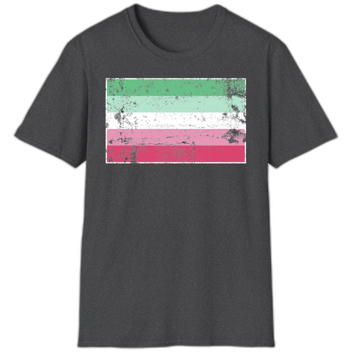 Distressed transgender pride flag with five horizontal stripes in green, mint, white, pink, and red featuring heavy grunge texture overlay in Dark Heather