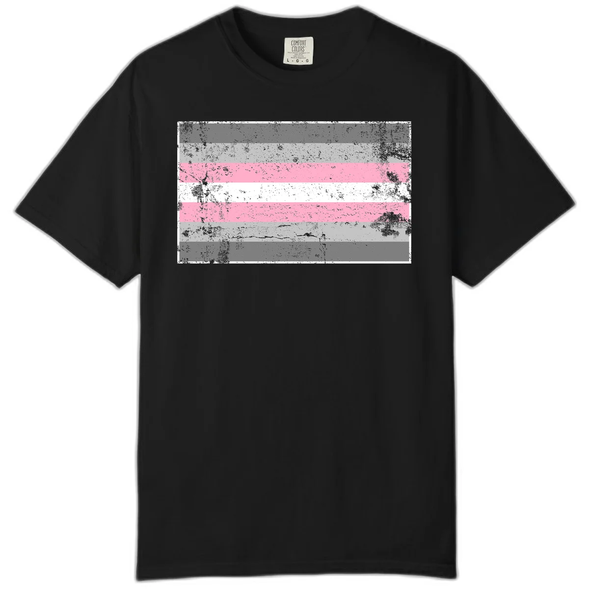 Distressed pride flag stripes design featuring pink, white, and gray horizontal bands with grunge texture overlay in Black