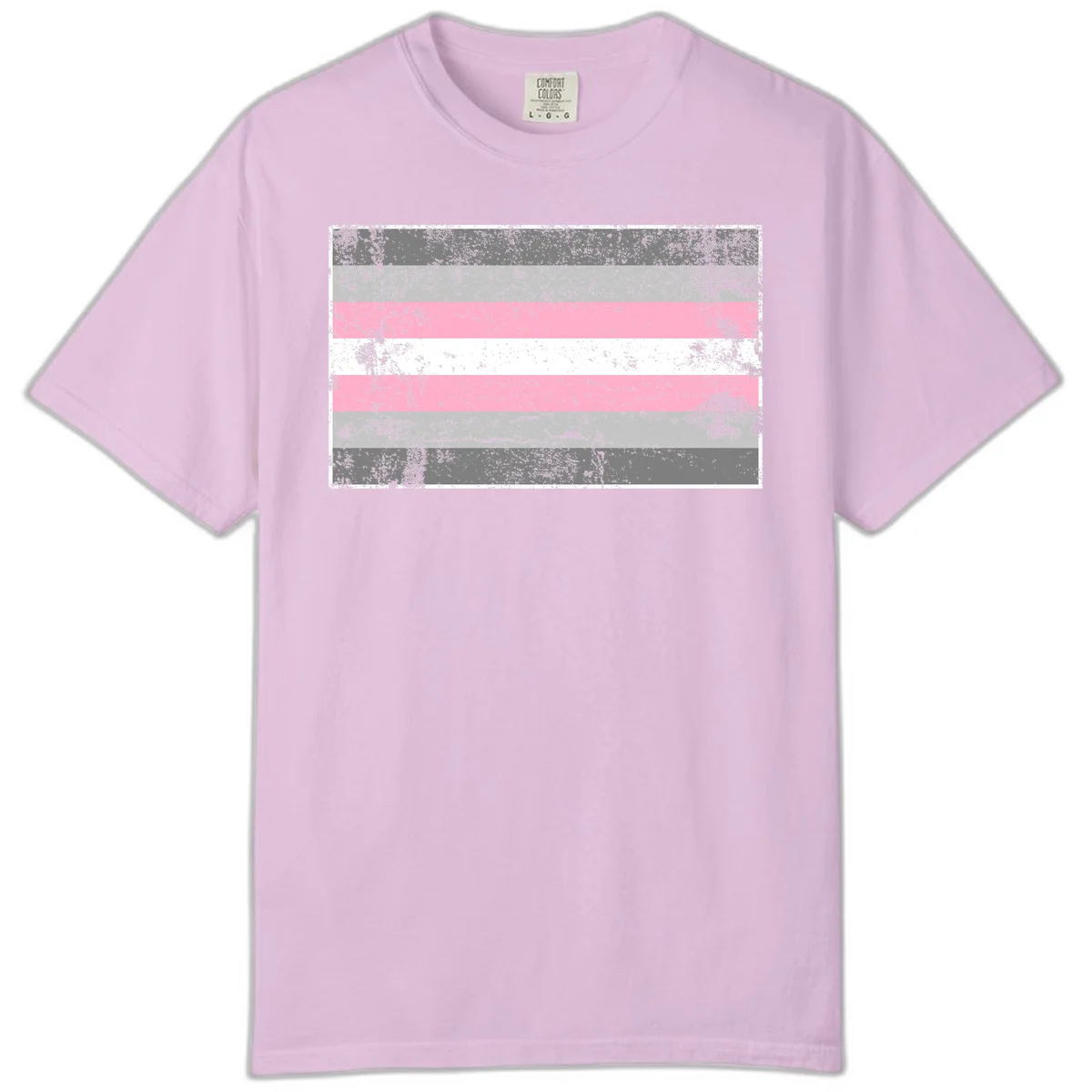 Distressed pride flag stripes design featuring pink, white, and gray horizontal bands with grunge texture overlay in Orchid