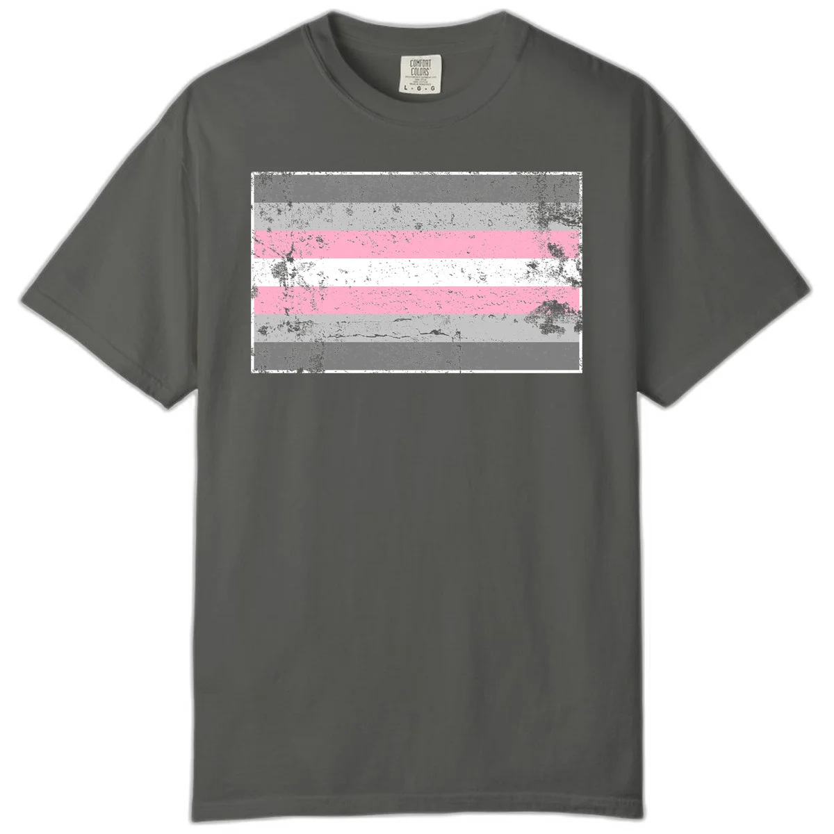 Distressed pride flag stripes design featuring pink, white, and gray horizontal bands with grunge texture overlay in Pepper