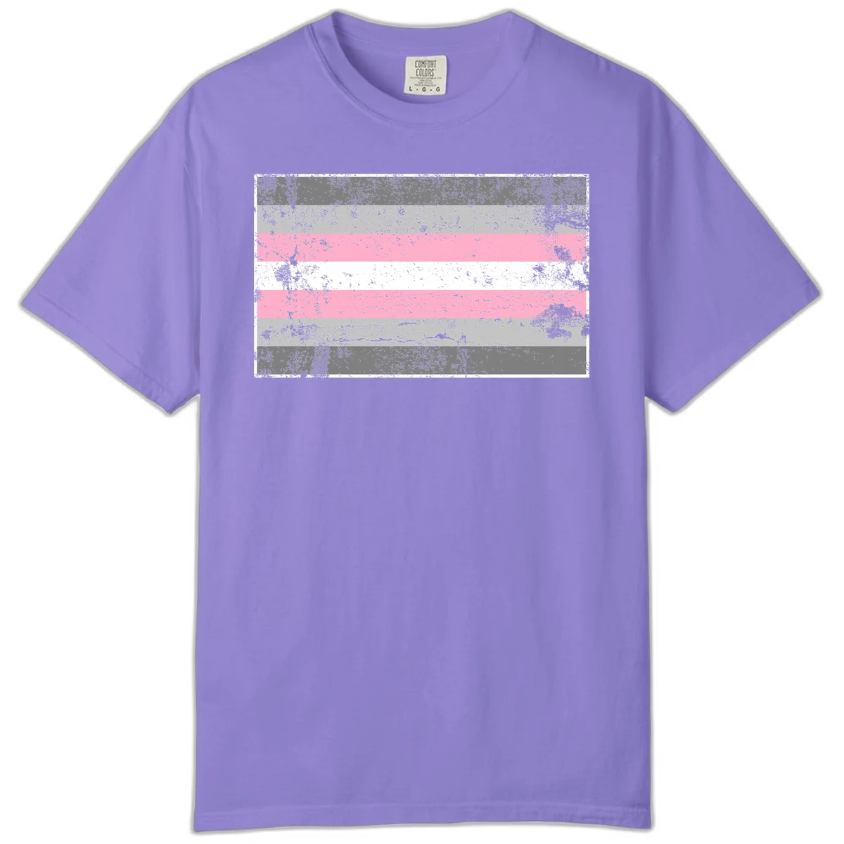 Distressed pride flag stripes design featuring pink, white, and gray horizontal bands with grunge texture overlay in Violet