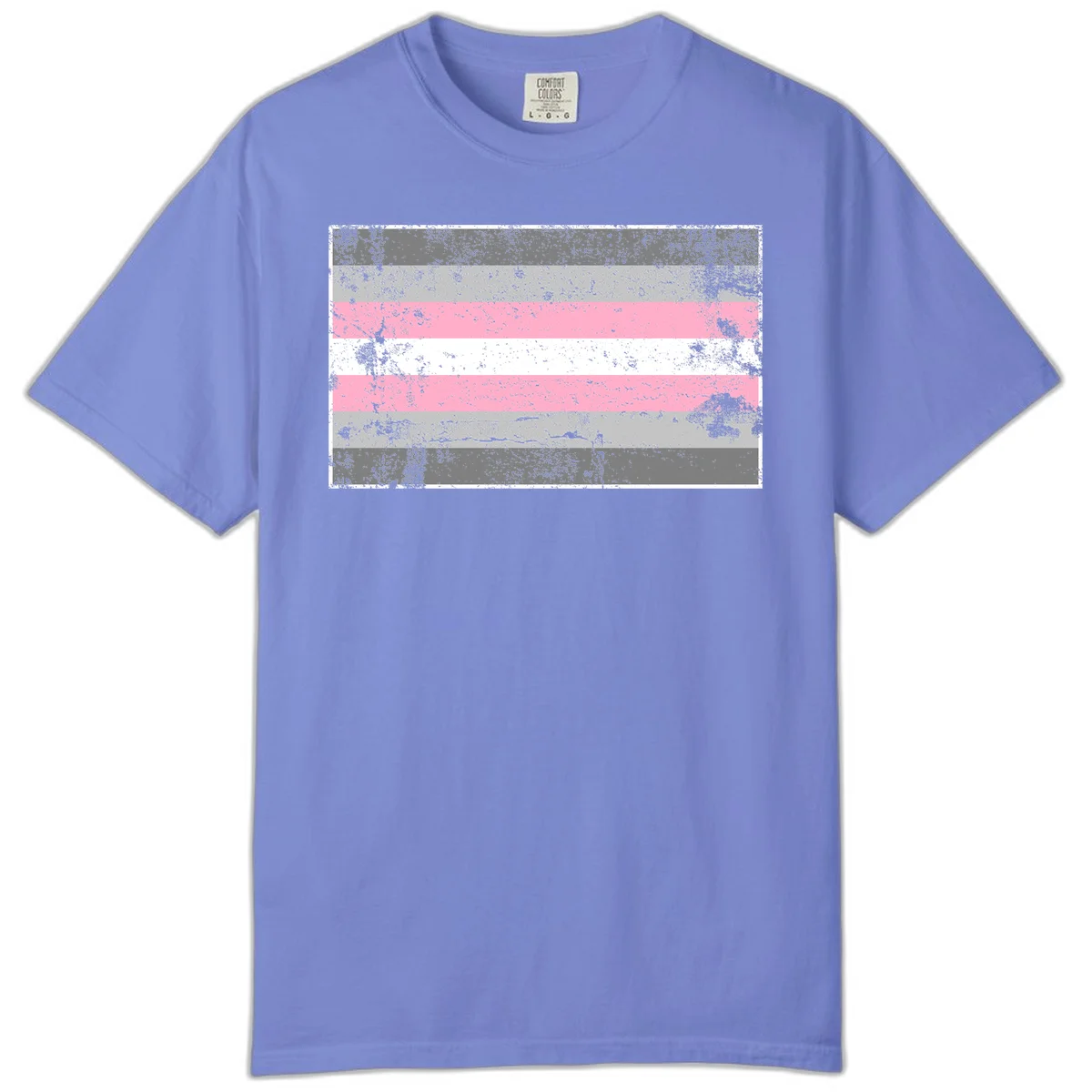Distressed pride flag stripes design featuring pink, white, and gray horizontal bands with grunge texture overlay in Flo Blue