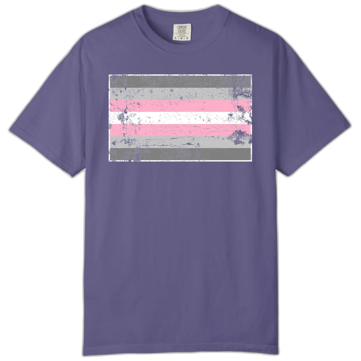 Distressed pride flag stripes design featuring pink, white, and gray horizontal bands with grunge texture overlay in Grape