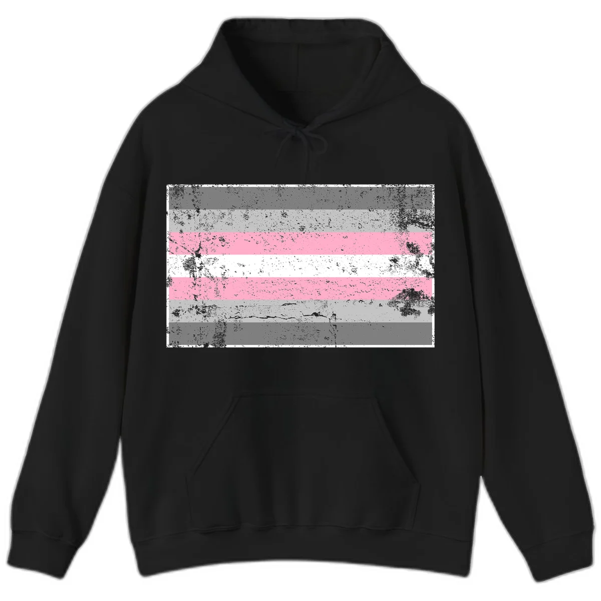 Distressed pride flag stripes design featuring pink, white, and gray horizontal bands with grunge texture overlay in Black
