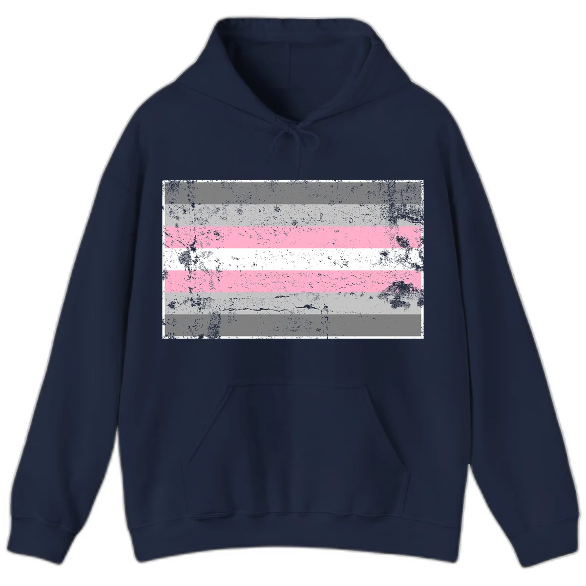 Distressed pride flag stripes design featuring pink, white, and gray horizontal bands with grunge texture overlay in Navy