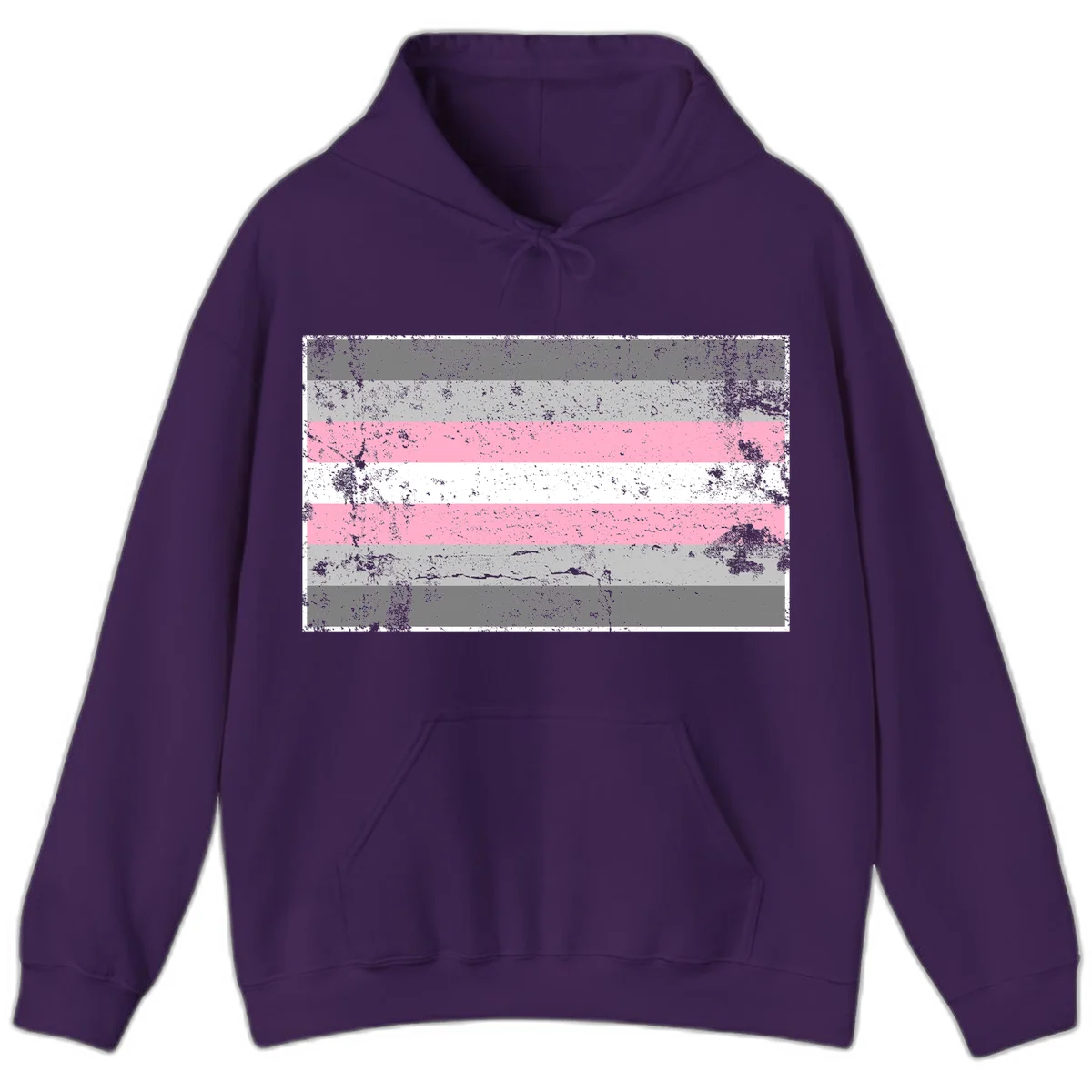 Distressed pride flag stripes design featuring pink, white, and gray horizontal bands with grunge texture overlay in Purple