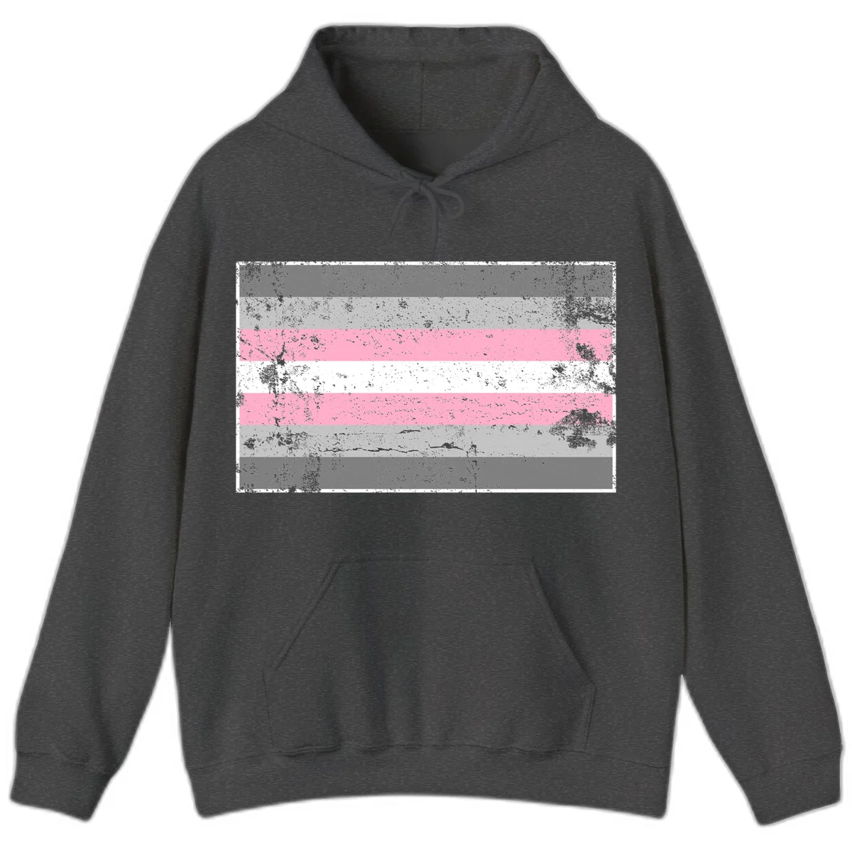 Distressed pride flag stripes design featuring pink, white, and gray horizontal bands with grunge texture overlay in Dark Heather
