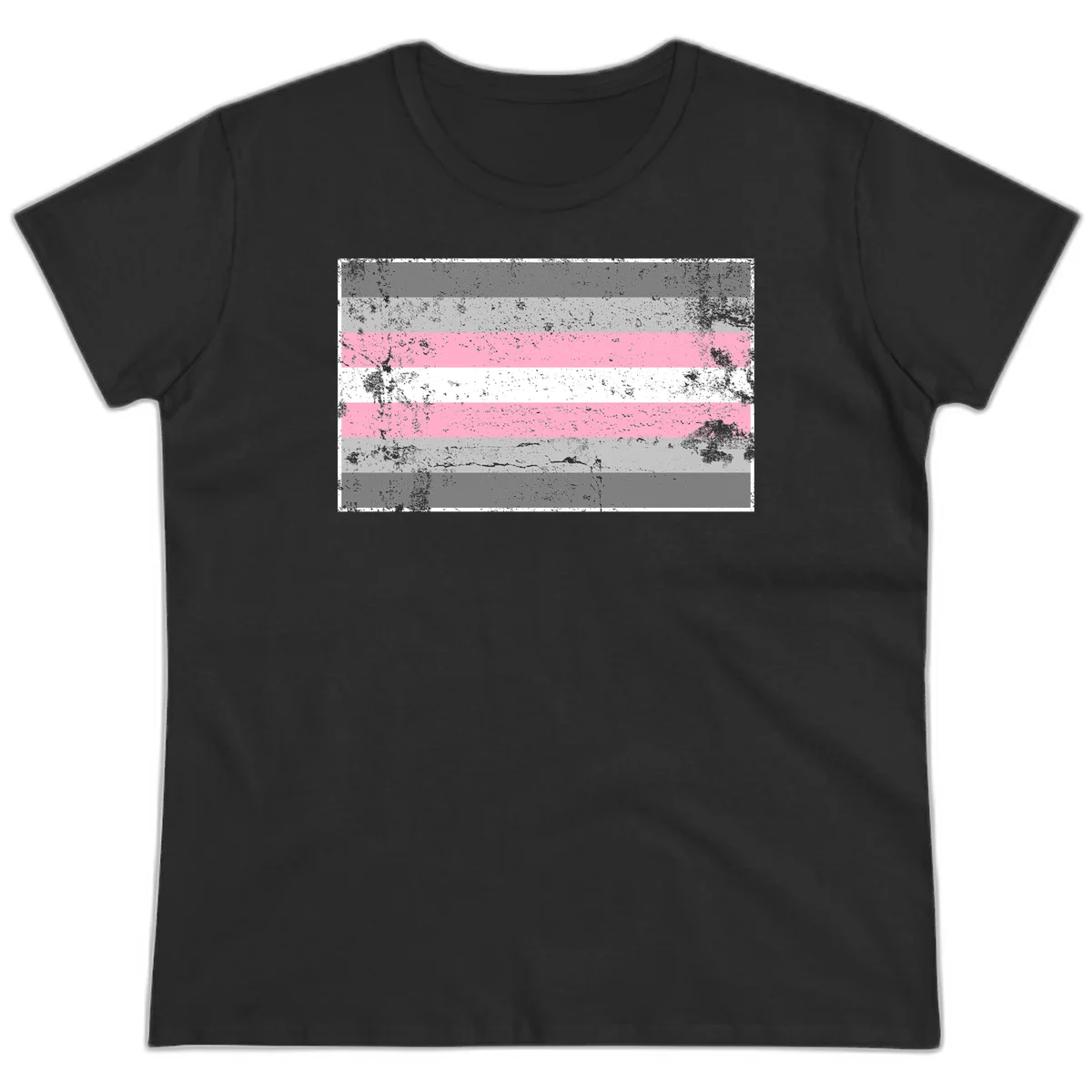 Distressed pride flag stripes design featuring pink, white, and gray horizontal bands with grunge texture overlay in Black