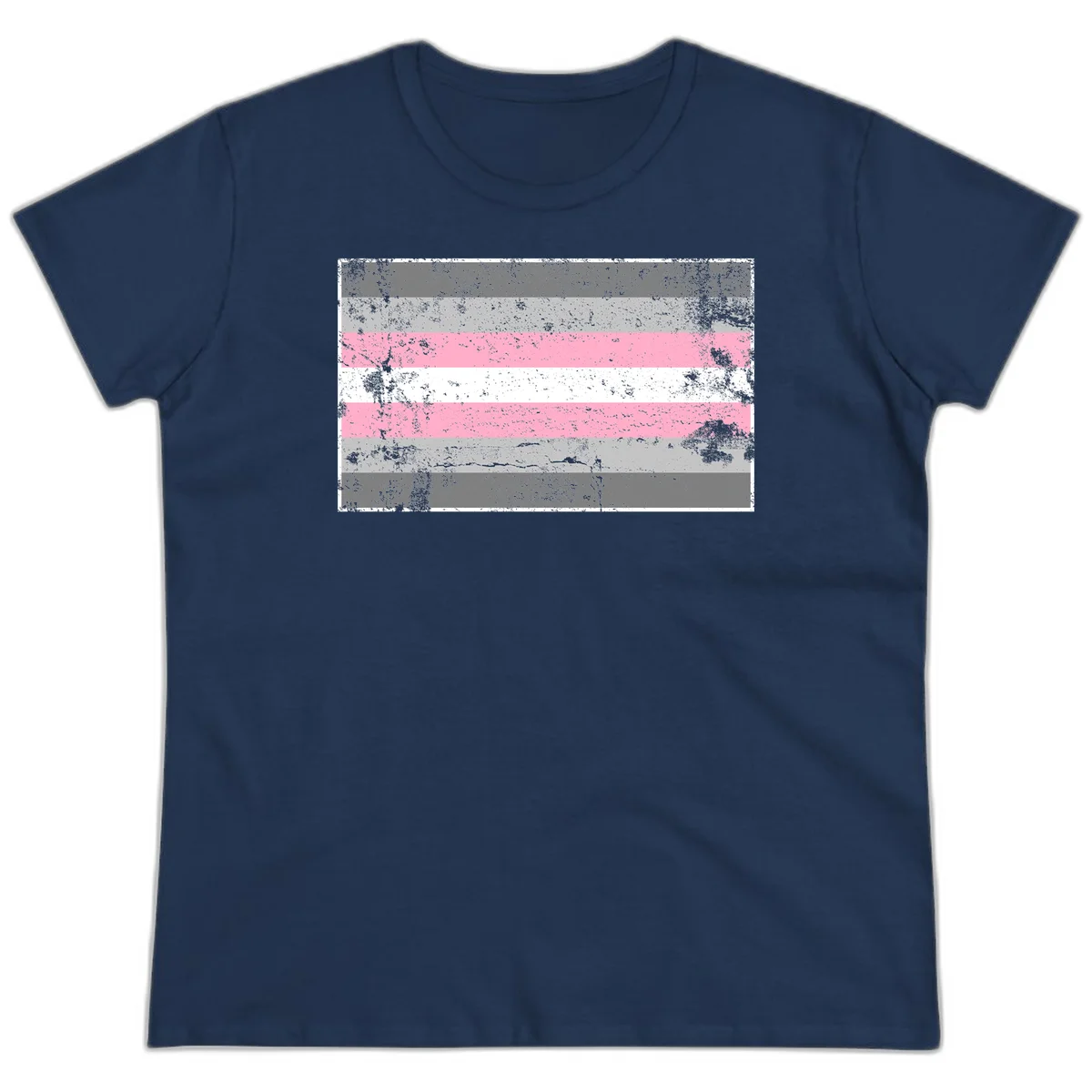 Distressed pride flag stripes design featuring pink, white, and gray horizontal bands with grunge texture overlay in Navy
