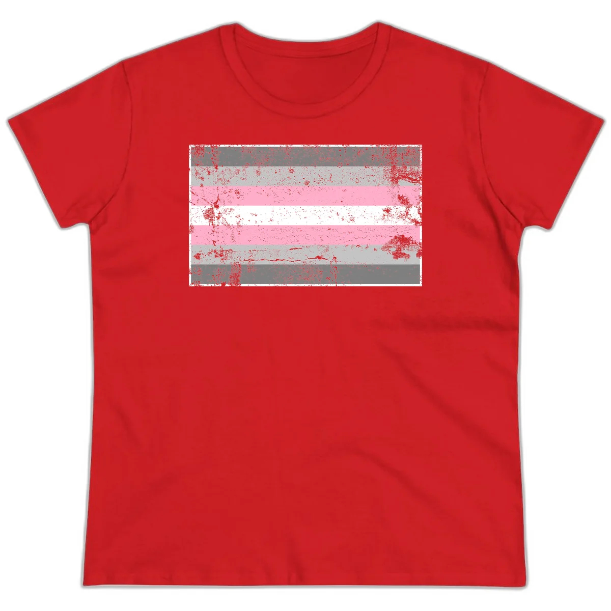 Distressed pride flag stripes design featuring pink, white, and gray horizontal bands with grunge texture overlay in Red