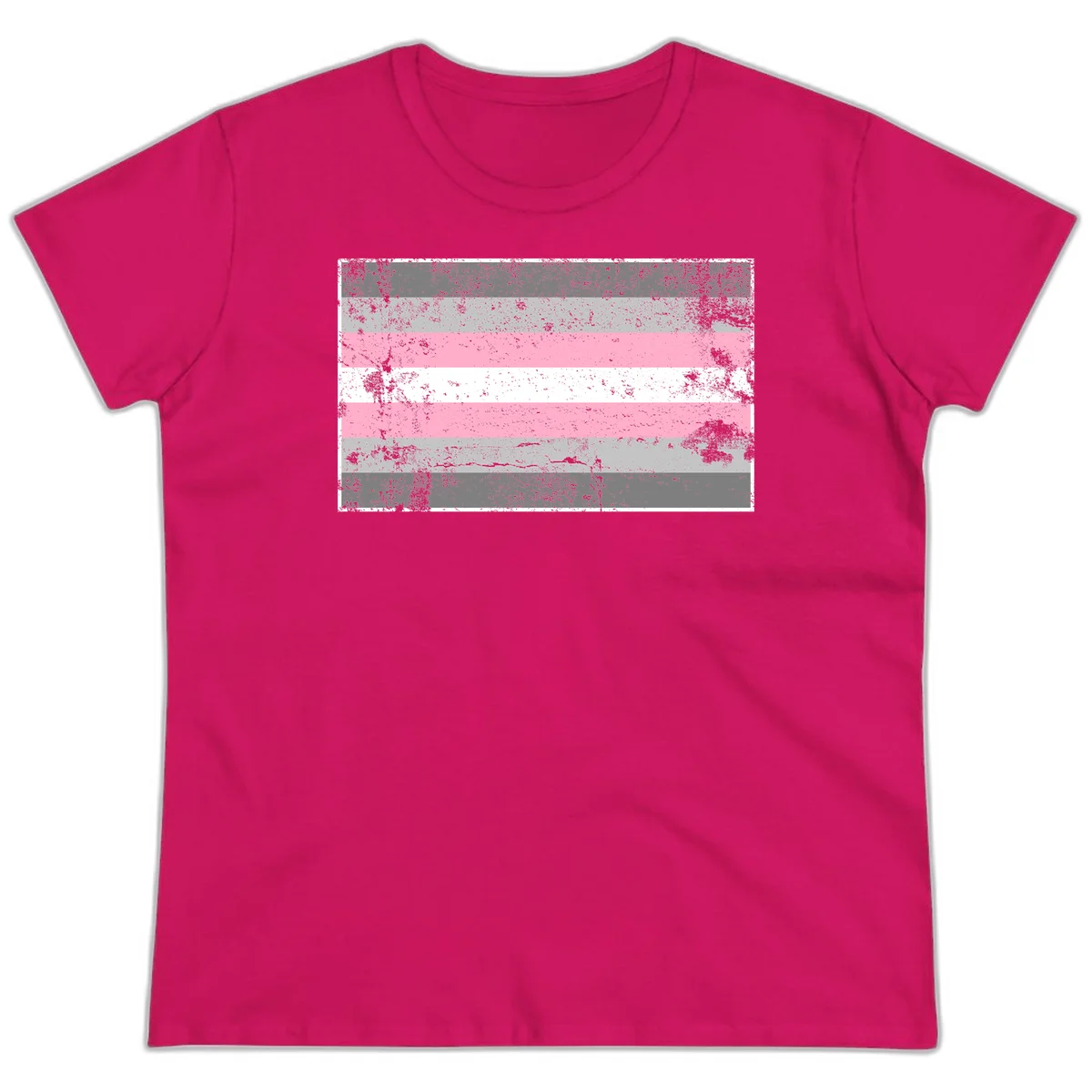 Distressed pride flag stripes design featuring pink, white, and gray horizontal bands with grunge texture overlay in Heliconia