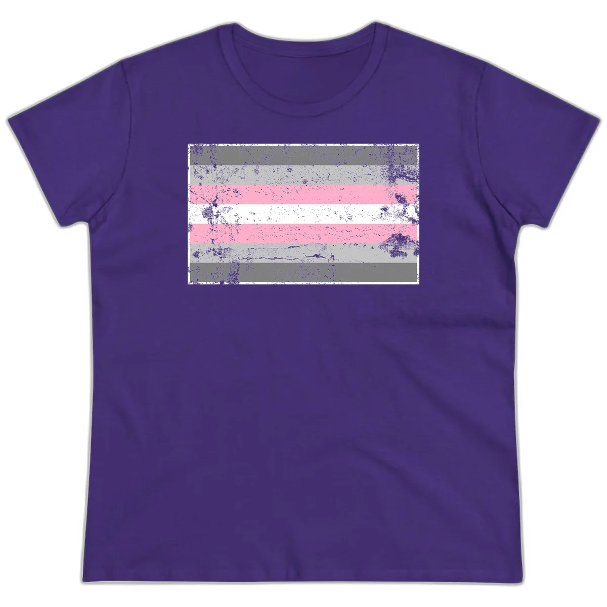 Distressed pride flag stripes design featuring pink, white, and gray horizontal bands with grunge texture overlay in Purple
