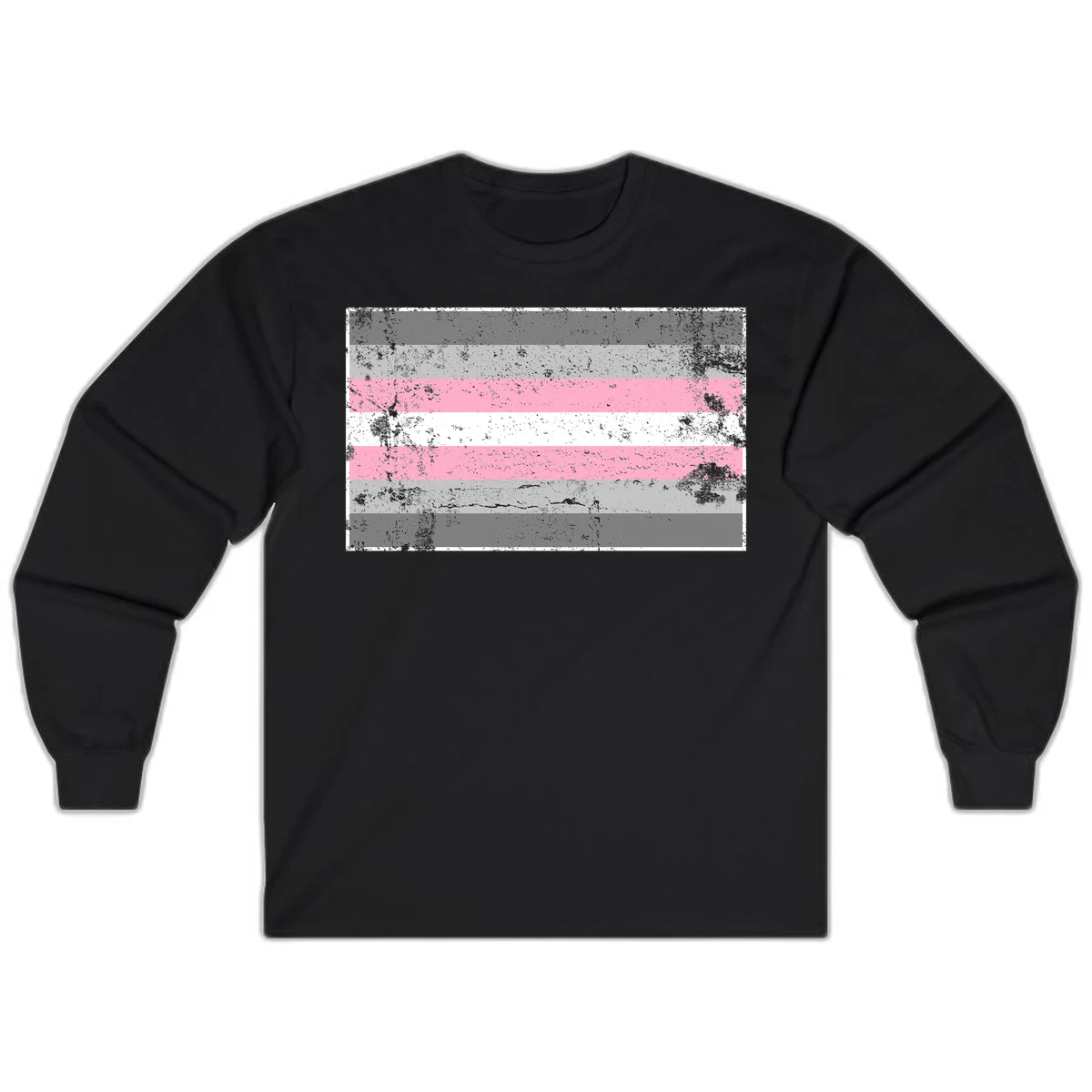 Distressed pride flag stripes design featuring pink, white, and gray horizontal bands with grunge texture overlay in Black