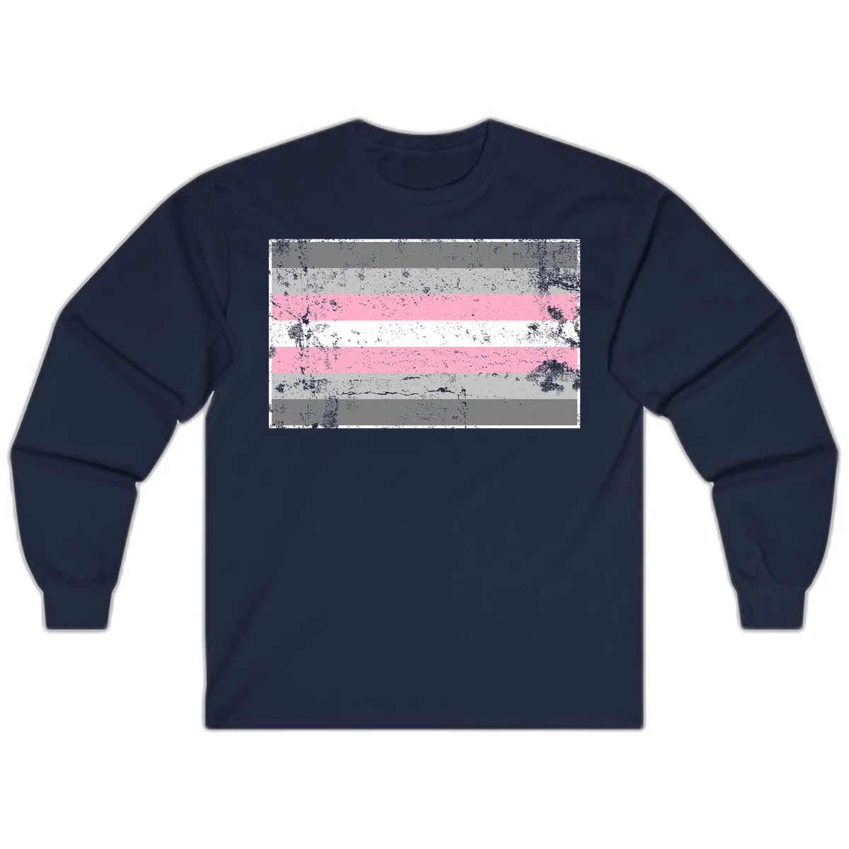 Distressed pride flag stripes design featuring pink, white, and gray horizontal bands with grunge texture overlay in Navy