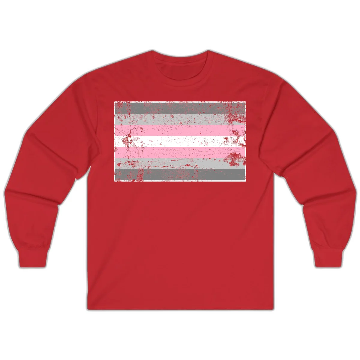 Distressed pride flag stripes design featuring pink, white, and gray horizontal bands with grunge texture overlay in Red