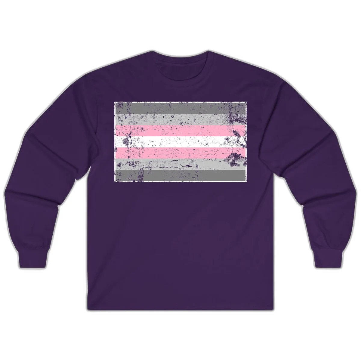 Distressed pride flag stripes design featuring pink, white, and gray horizontal bands with grunge texture overlay in Purple