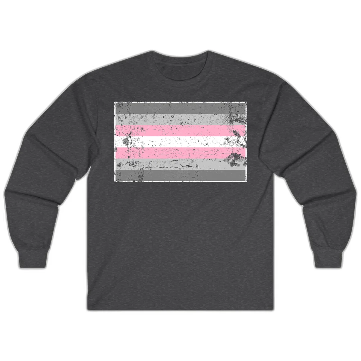 Distressed pride flag stripes design featuring pink, white, and gray horizontal bands with grunge texture overlay in Dark Heather