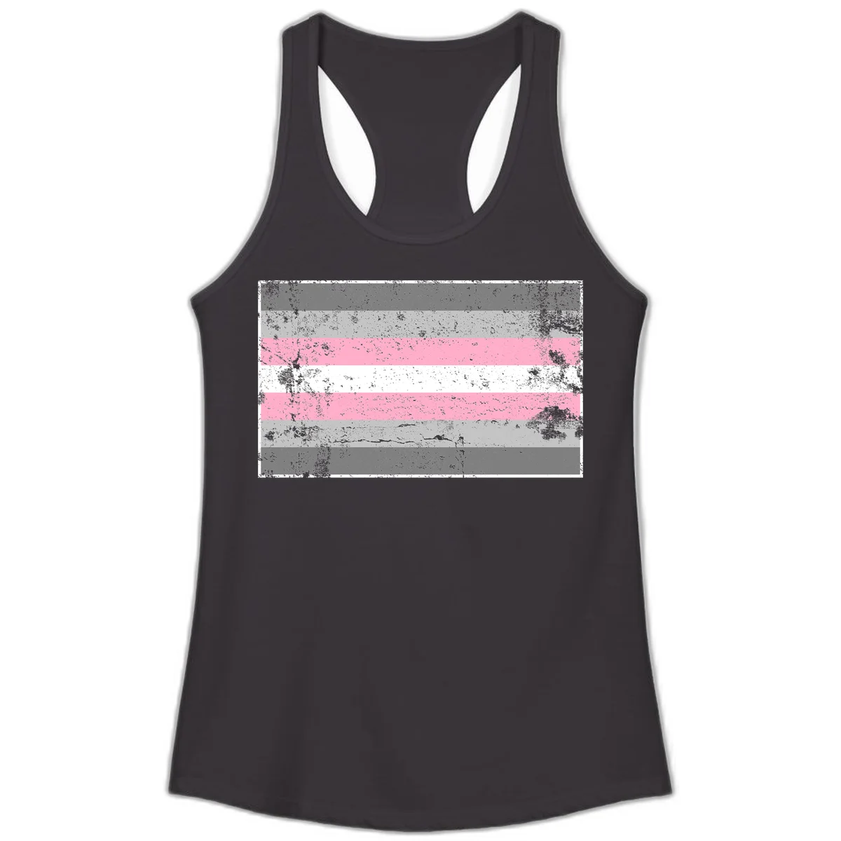 Distressed pride flag stripes design featuring pink, white, and gray horizontal bands with grunge texture overlay in Black