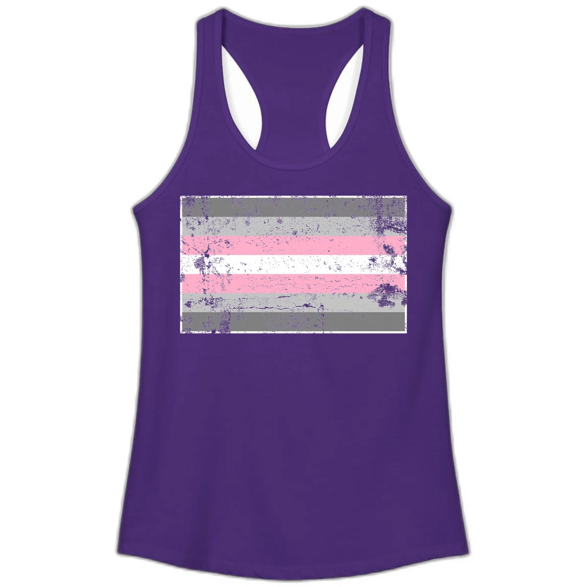 Distressed pride flag stripes design featuring pink, white, and gray horizontal bands with grunge texture overlay in Solid Purple Rush